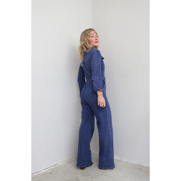 1970's Vintage Zip Up Denim Jumpsuit ~ Women's XS SM ~ Zip Up Front Wide Leg - Picture 6 of 10